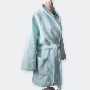 Lands' End Women's Sherpa Fleece Luxurious Hooded Robe Light Blue/Green Size XL